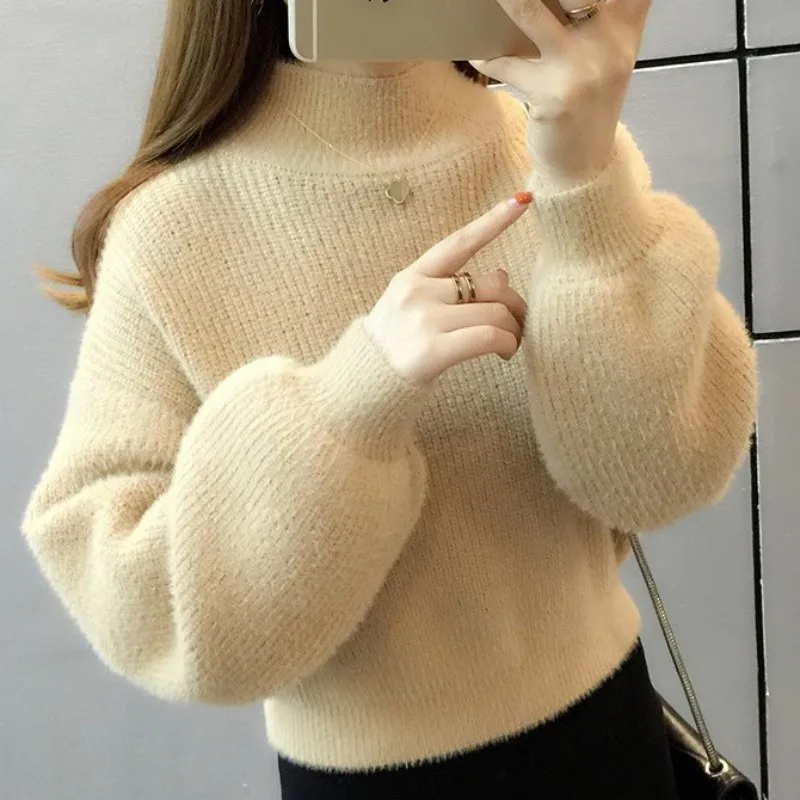 Short Mink Cashmere Women Lantern Sleeve Loose Turtleneck Warm Pullover Winter Sweet Solid Color Knitted Sweater
Short Mink Cashmere Women Lantern Sleeve Loose Turtleneck Warm Pullover Winter Sweet Solid Color Knitted Sweater