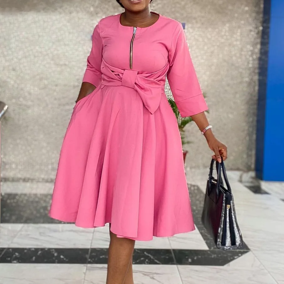 Women Pink Dress Three Quarter Sleeves Zipper O-Neck Bow Belt Pleated Midi Elegant Spring Summer Classy 2021 New Female Clothing
Women Pink Dress Three Quarter Sleeves Zipper O-Neck Bow Belt Pleated Midi Elegant Spring Summer Classy 2021 New Female Clothing