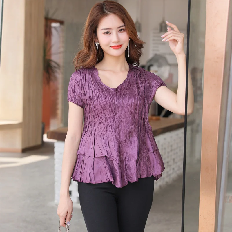 Pleated Solid Color Loose Fashion All-match T-shirt Blouse Short-sleeved Temperament Top Thin Section Ustyle0329
Pleated Solid Color Loose Fashion All-match T-shirt Blouse Short-sleeved Temperament Top Thin Section Ustyle0329