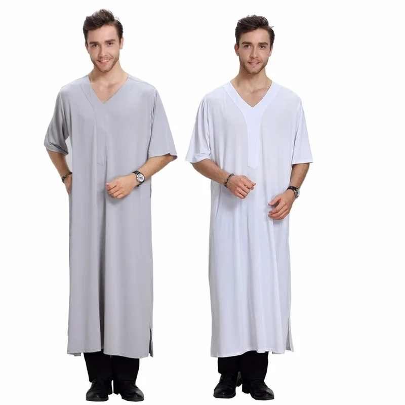 Casual Islamic Men's Clothing Abaya Robe Muslim Jubba Thobe Short Sleeve Loose Shirt Jilbab Moslem Middle East Kaftan Dubai Arab |