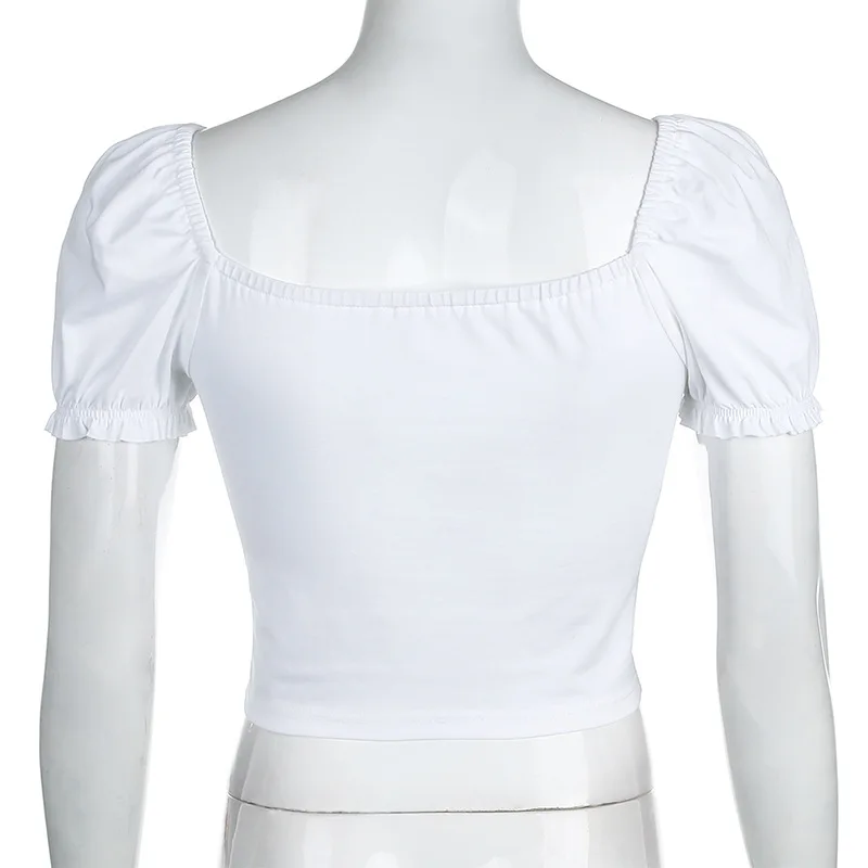 Vintage style front bow tie with sexy square collar bubble sleeve white T-shirt woman
Vintage style front bow tie with sexy square collar bubble sleeve white T-shirt woman
