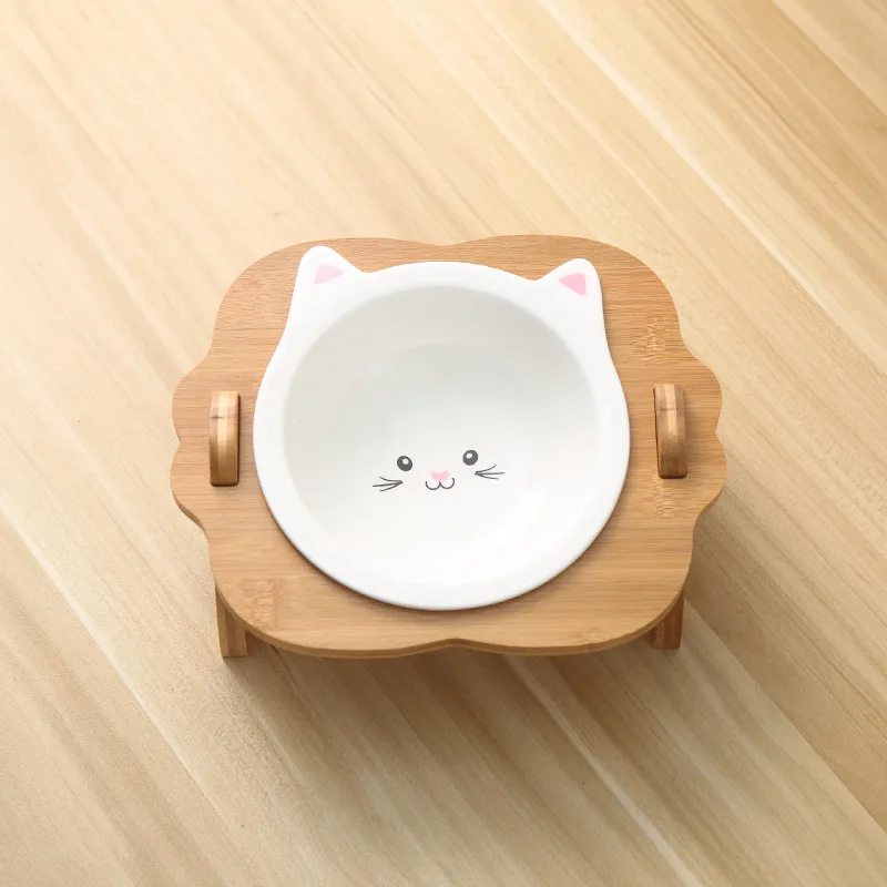 New Pets Double Bowl Dog Cat Food Water Dog Feeder Stand Raised Ceramic Dish Bowl Wooden Table Cute Cat Bowl Pet Supplies dog