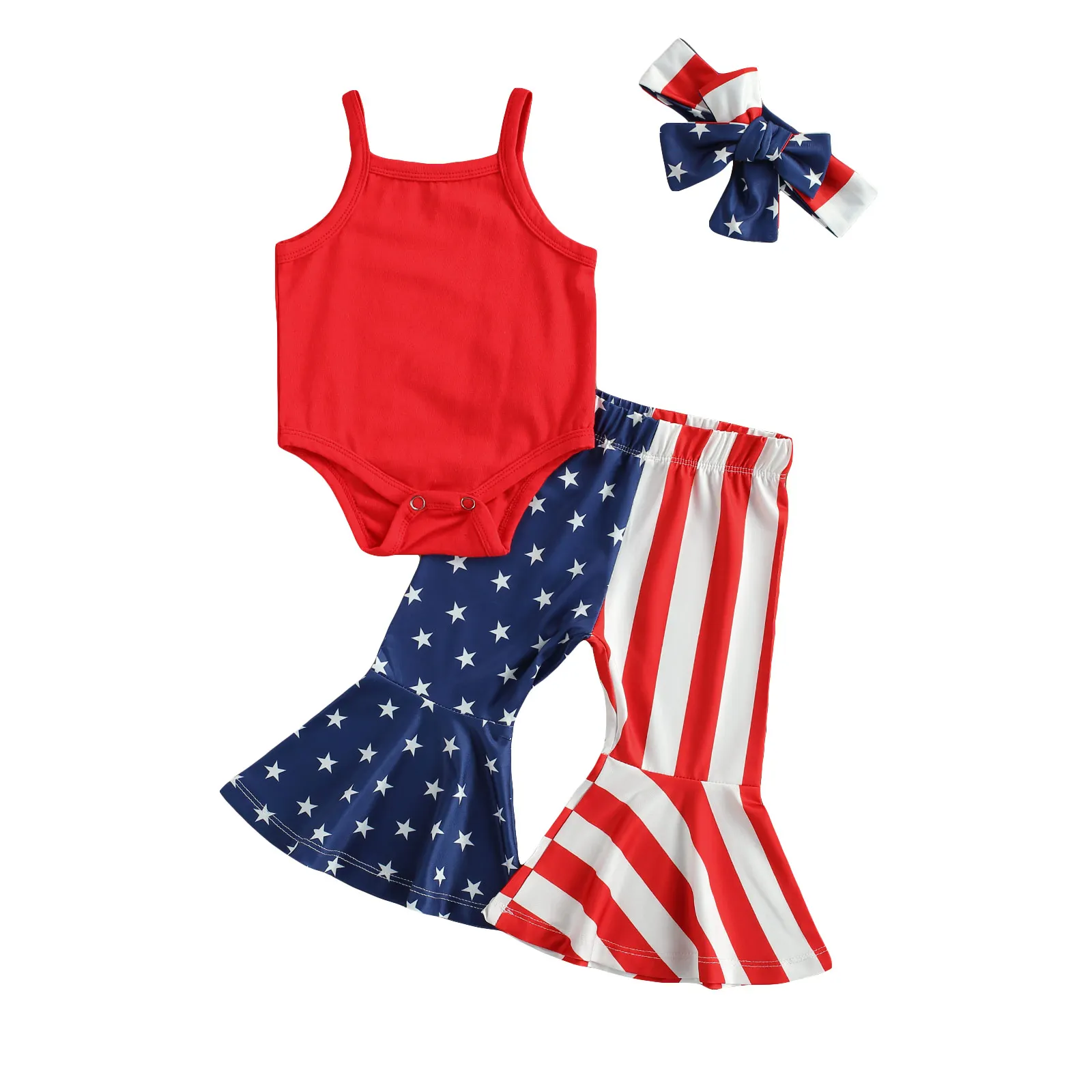 2021 Summer Independence Day Baby Girls Outfit Solid Red Straps Romper + Star Stripe Flare Pants July 4th Holiday Set
2021 Summer Independence Day Baby Girls Outfit Solid Red Straps Romper + Star Stripe Flare Pants July 4th Holiday Set
