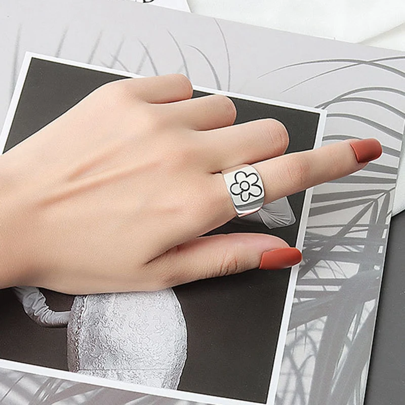 Цветок в Корейском стиле кольца панк для женщин модное винтажное кольцо с
