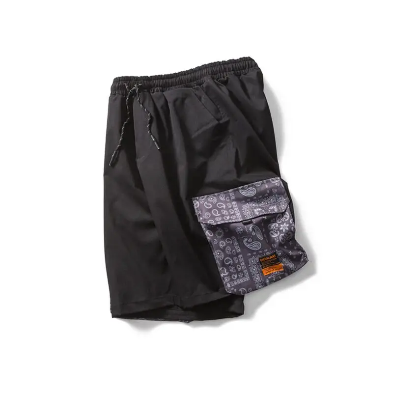New black Japanese shorts Men's pocket print Sports straight shorts