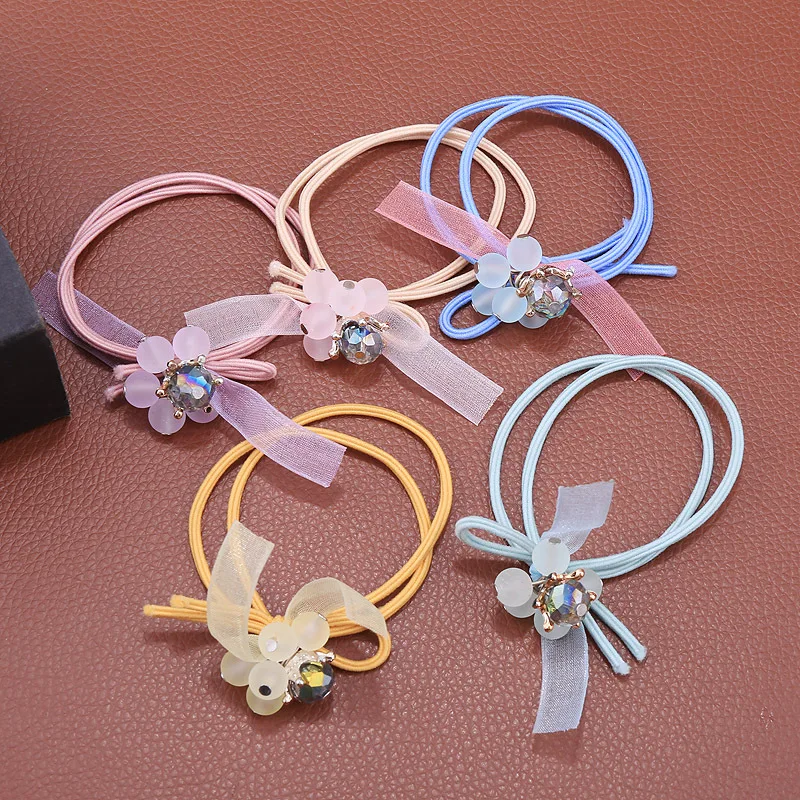 Frosted Crystal Beads Rubber Band Cute Ribbon Hair Tie Hair Tie Bow High Elastic Hair Tie