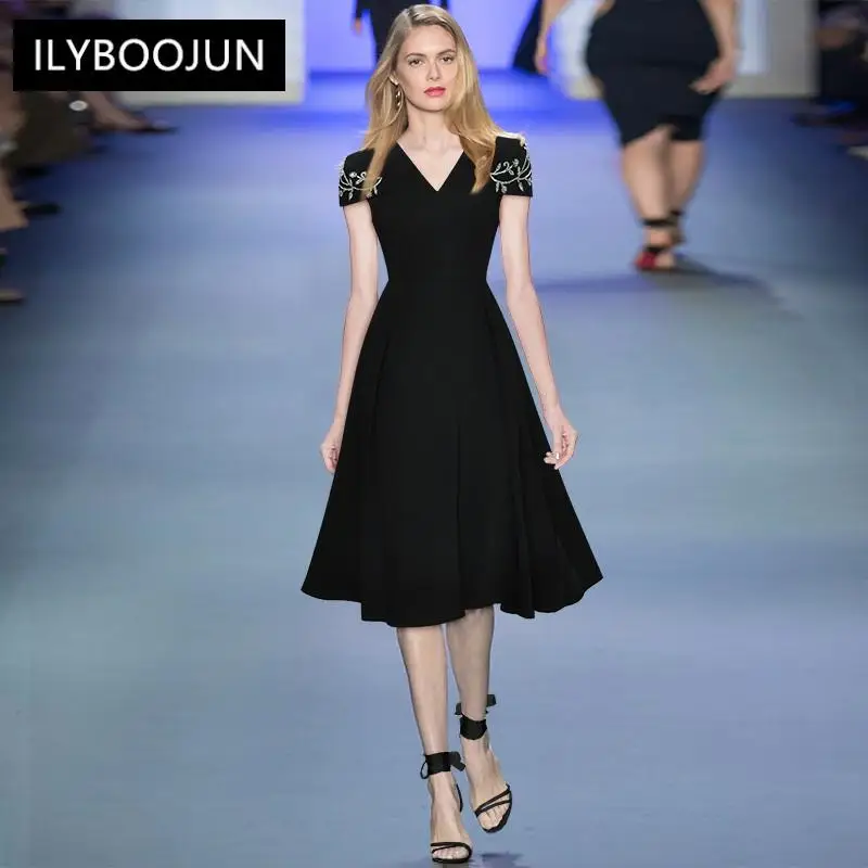 MoaaYina Summer Fashion Runway Designer Dress Women's V-neck Short Sleeve Beading High waist Midi Black Dress
MoaaYina Summer Fashion Runway Designer Dress Women's V-neck Short Sleeve Beading High waist Midi Black Dress