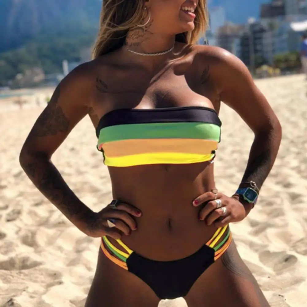 Women Padded Wireless Strapless Tube Top Stripes Patchwork Bikini Swimsuit Set Female Swimming Bikini Women
Women Padded Wireless Strapless Tube Top Stripes Patchwork Bikini Swimsuit Set Female Swimming Bikini Women