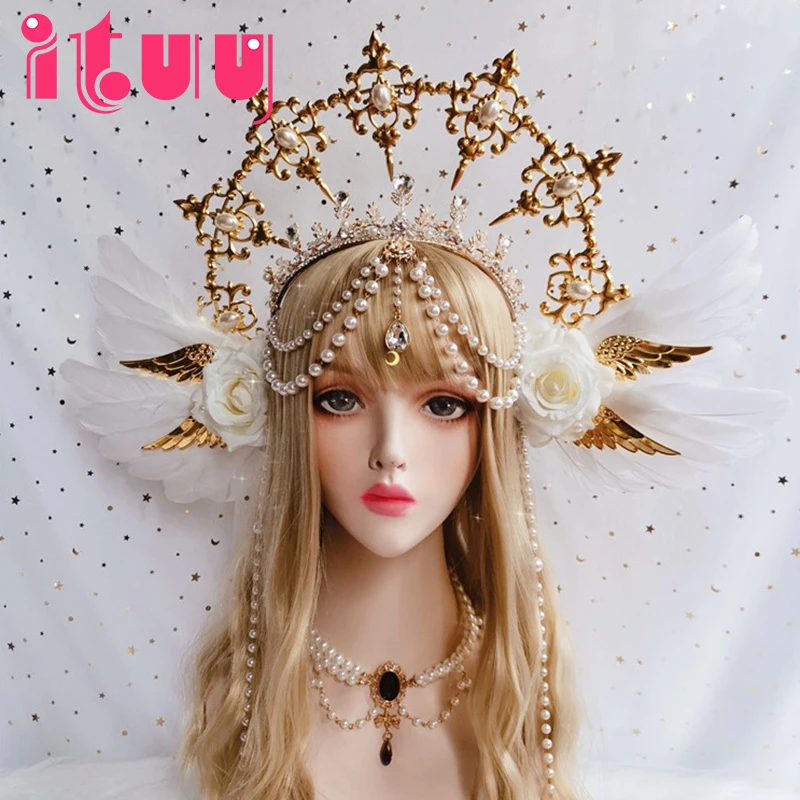 

Lolita Sun Godmother's KC Gothic Crystal Tiaras and Crowns White Rose Angel Wings Virgin Mary Bead Chain Baroque Tiara Headdress
