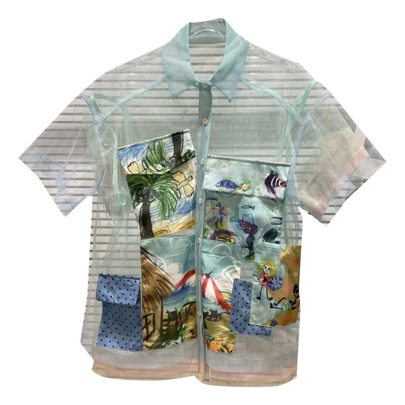 Beach Oil Painting Shirts Women Patch Pocket Flower Transparent Mesh Short Sleeve Sunscreen Shirt 2021 Summer New Tops
Beach Oil Painting Shirts Women Patch Pocket Flower Transparent Mesh Short Sleeve Sunscreen Shirt 2021 Summer New Tops