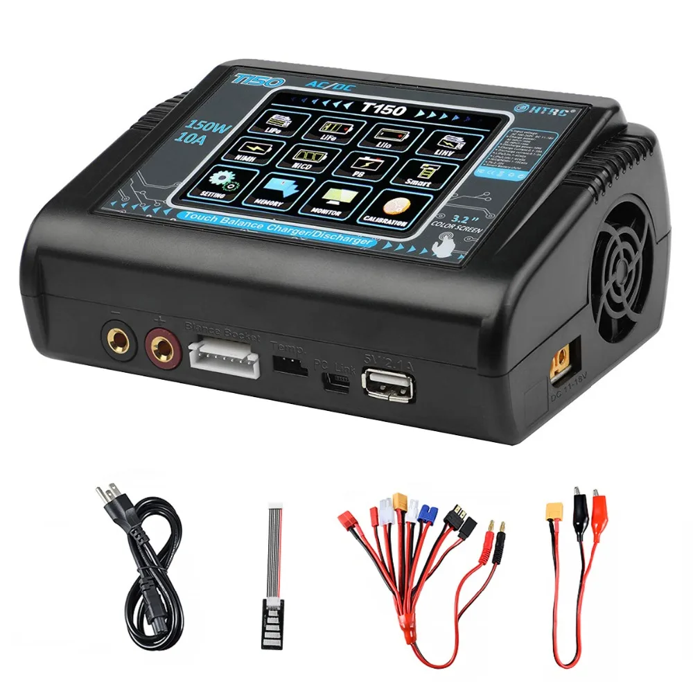 HTRC T150 Smart Battery Charger AC/DC 150W 10A With Touch Screen Balance Charge for LiPo LiHV LiFe Lilon NiCd NiMh Pb Battery
HTRC T150 Smart Battery Charger AC/DC 150W 10A With Touch Screen Balance Charge for LiPo LiHV LiFe Lilon NiCd NiMh Pb Battery
