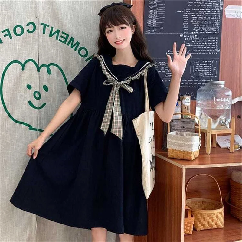 2021 extra-large size women's dress summer loose cover belly slimming fashion college style navy collar bow dress
2021 extra-large size women's dress summer loose cover belly slimming fashion college style navy collar bow dress