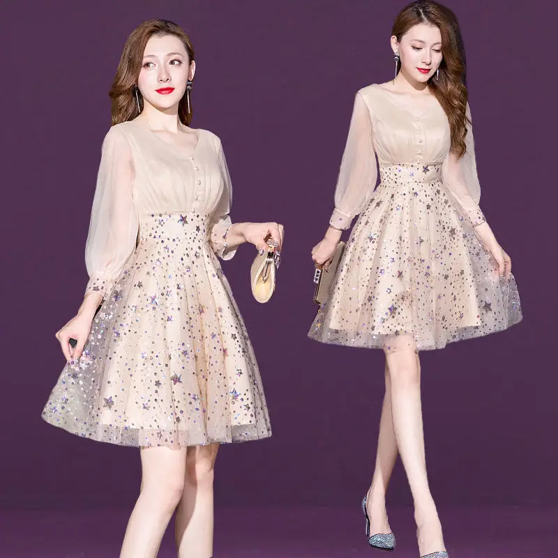 Summer Autumn Long Sleeve Women Daily Party Short V-Neck Knee-Length A-Line Evening Dress Formal Banquet Elegant Noble Beautiful
Summer Autumn Long Sleeve Women Daily Party Short V-Neck Knee-Length A-Line Evening Dress Formal Banquet Elegant Noble Beautiful