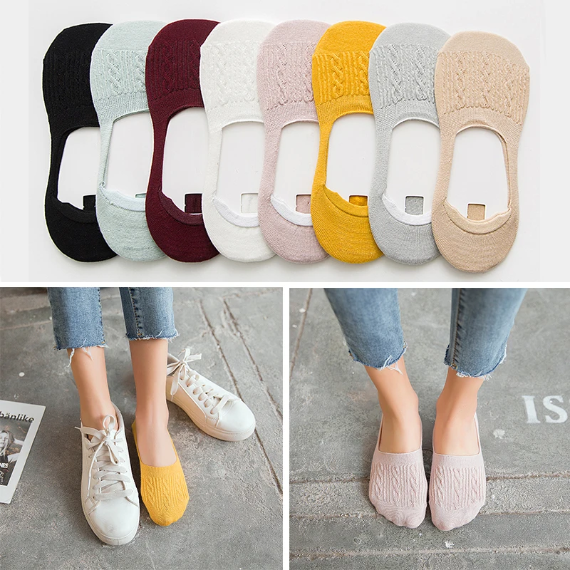 

5 Pairs Cotton Women Socks Solid Snowflake Softable Funny Summer Silicone Non-slip Deep Mouth Prevent Heel Loss Slipper Socks