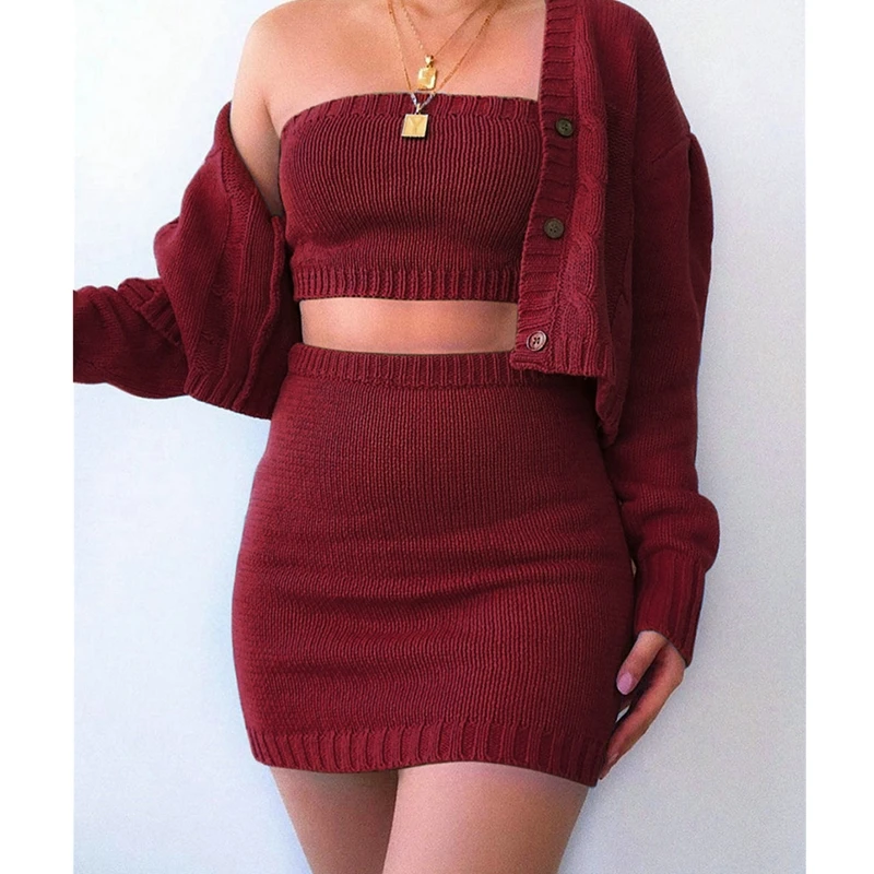 Autumn Winter 3Pcs Set for Womens Sexy Outfits Knitted Solid Tube Crop Top + Mini Skirt + Long Sleeve Cardigan Sweater Sets
Autumn Winter 3Pcs Set for Womens Sexy Outfits Knitted Solid Tube Crop Top + Mini Skirt + Long Sleeve Cardigan Sweater Sets