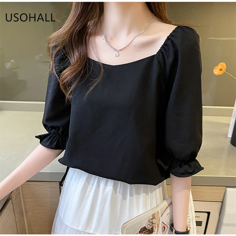USOHALL 2021 Summer Women's Short Sleeve Top Black Puff Sleeve Ruffle Square Collar Chiffon Shirt
USOHALL 2021 Summer Women's Short Sleeve Top Black Puff Sleeve Ruffle Square Collar Chiffon Shirt