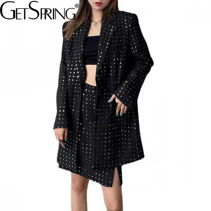 Getspring Women Blazer Set Sequins Splicing Black Long Blazer Jackets Split High Waist Skirts For Women Fashion Two-piece Sets
Getspring Women Blazer Set Sequins Splicing Black Long Blazer Jackets Split High Waist Skirts For Women Fashion Two-piece Sets