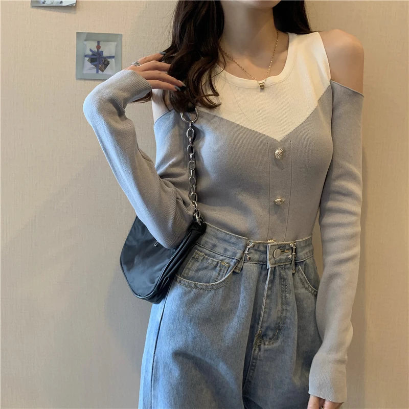 Girls Autumn Knitted Full Sleeve Sweaters Pullovers Woman Patchwork O-neck 429# Off-shoulder Buttons Chic Sweater Tops Female
Girls Autumn Knitted Full Sleeve Sweaters Pullovers Woman Patchwork O-neck 429# Off-shoulder Buttons Chic Sweater Tops Female