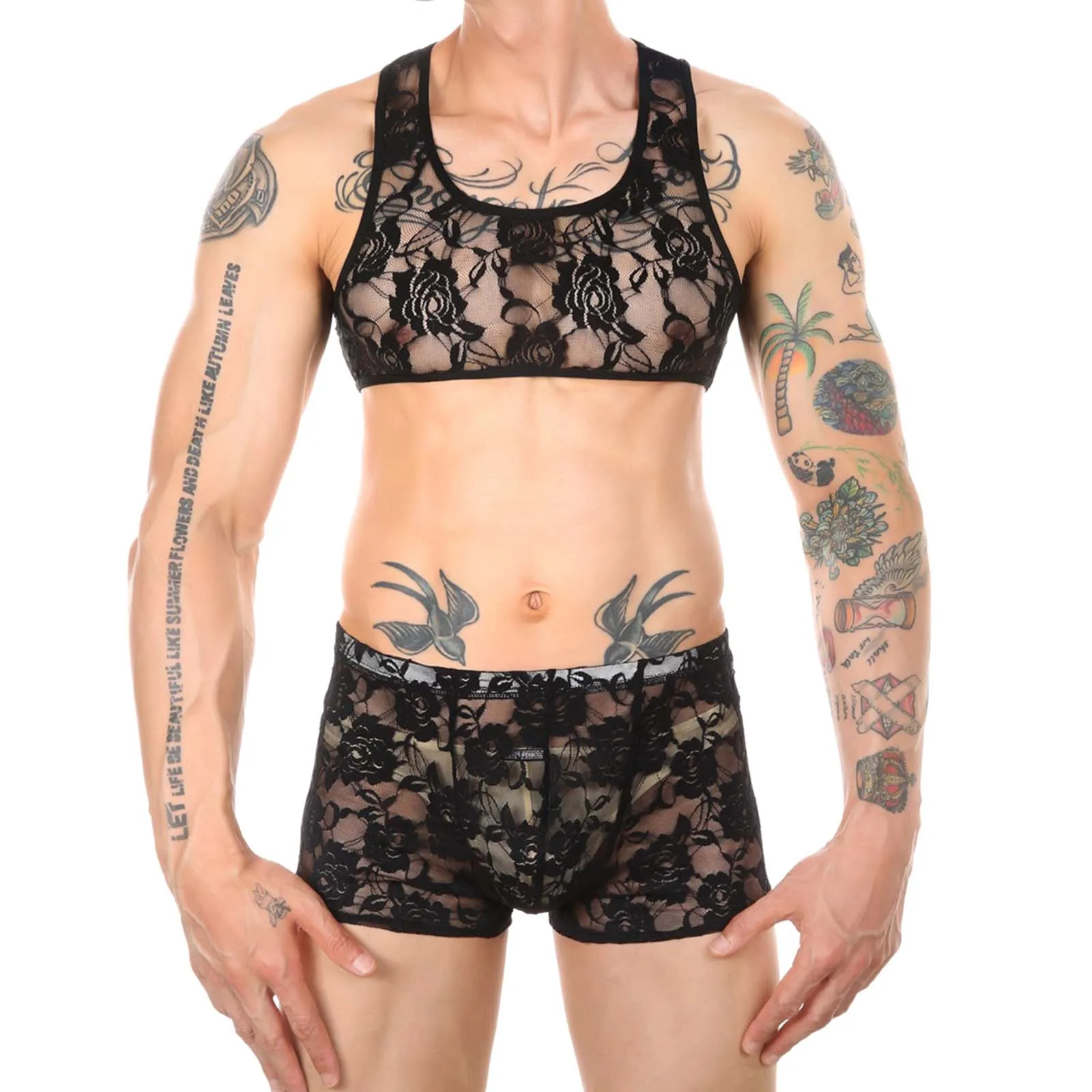 

Sissy Men Exotic Set Flower Pattern See-Through Lace Lingerie Nightwear Sleeveless Cropped Tank Top with Elastic Shorts Boxer