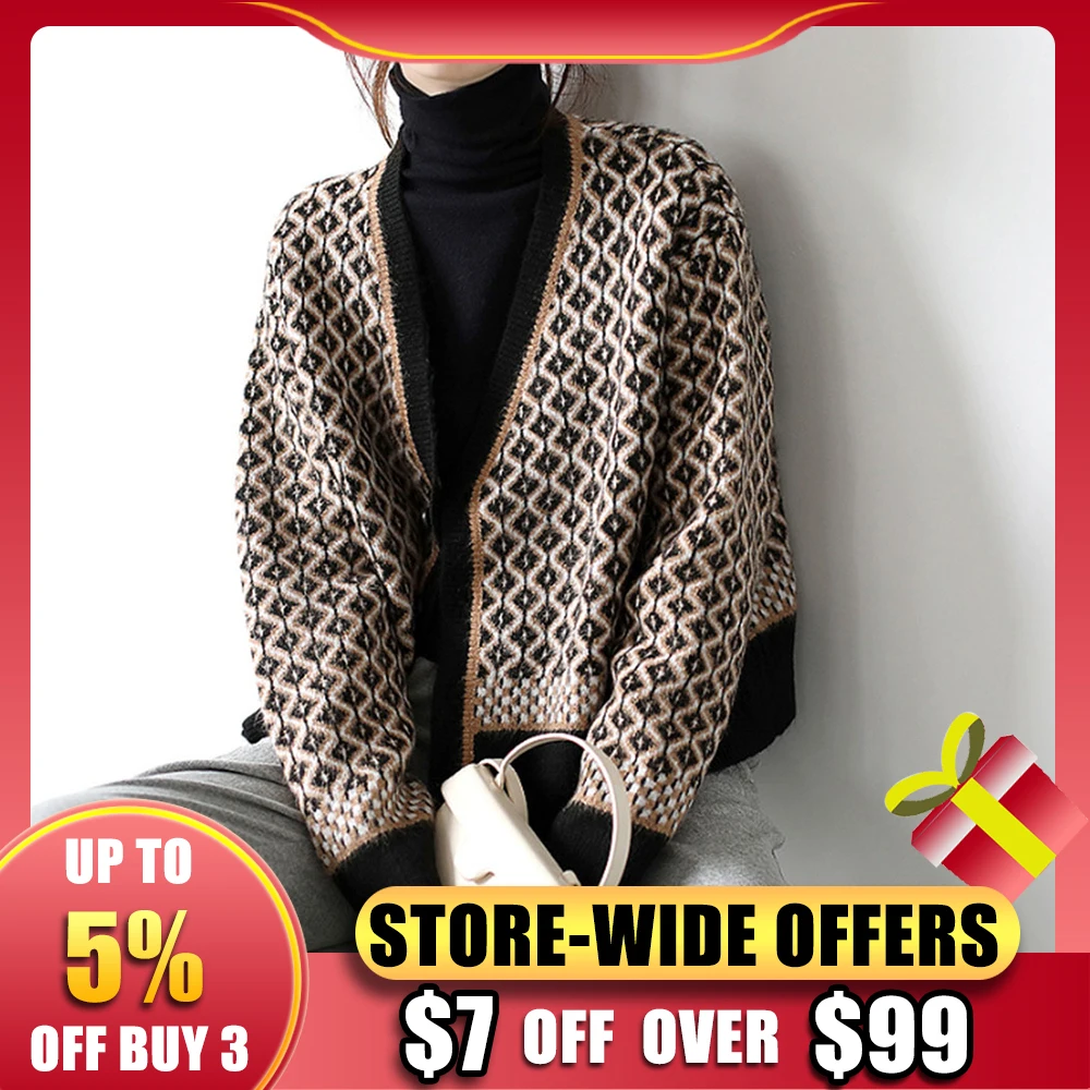 Women Vintage Argyle Cardigan Autumn Winter Elegant Plaid Pattern V Neck Knitted Sweater Outerwear Long Sleeve Japanese Style
Women Vintage Argyle Cardigan Autumn Winter Elegant Plaid Pattern V Neck Knitted Sweater Outerwear Long Sleeve Japanese Style