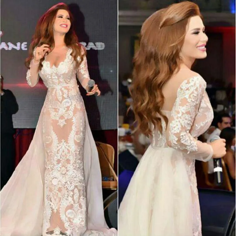 Sexy Mermaid Celebrity Dresses Lace Appliques V Neck Long Sleeve Evening Dresses with Detachable Train Mideast Red Carprt Dress
Sexy Mermaid Celebrity Dresses Lace Appliques V Neck Long Sleeve Evening Dresses with Detachable Train Mideast Red Carprt Dress