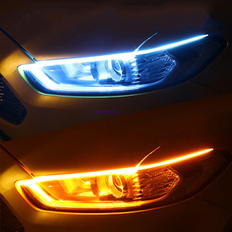 

2pcs LED DRL Car Daytime Running Light Flexible Waterproof Strip Auto Headlights White Turn Signal Yellow Brake Flow Lights 12V