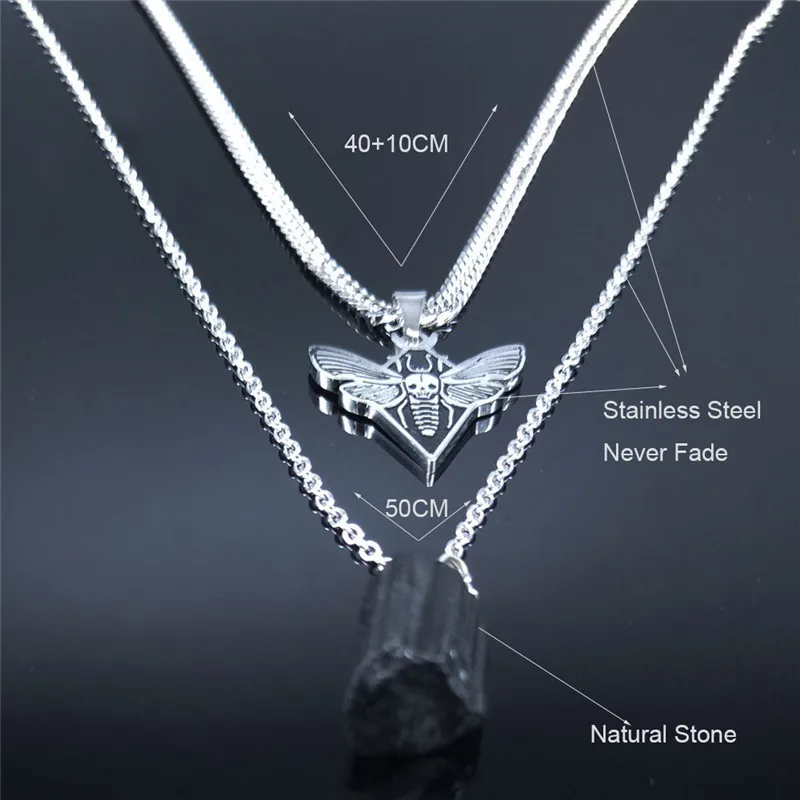 AFAWA Gothic Skull Moth Stainless Steel Layered Necklace Women Black Color Natural Stone Statement Jewelry N3753S02 | Украшения и