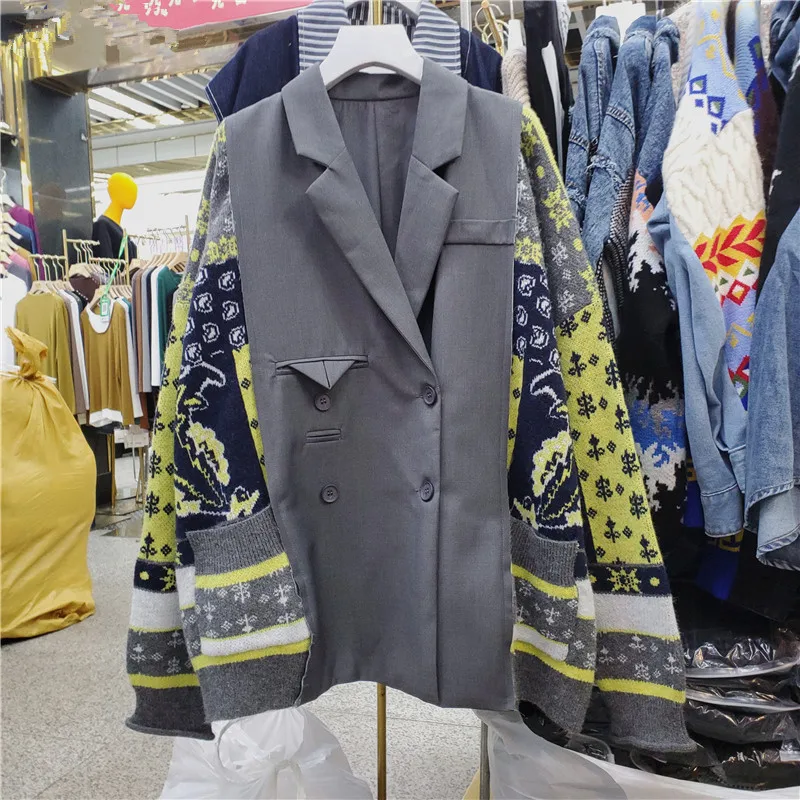 Korean Fashion Women Knitted Sleeve Patchwork Blazers Notched Collar Double Breasted Female Suit Jacket Casual Jaquetas Feminina
Korean Fashion Women Knitted Sleeve Patchwork Blazers Notched Collar Double Breasted Female Suit Jacket Casual Jaquetas Feminina