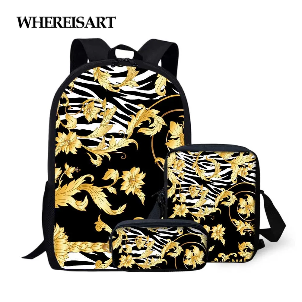 WHEREISART Student Book Bag Europen Golden Floral Print Women School Bags 3pcs/Set for Kids Backpack Elementary Children Bookbag
WHEREISART Student Book Bag Europen Golden Floral Print Women School Bags 3pcs/Set for Kids Backpack Elementary Children Bookbag
