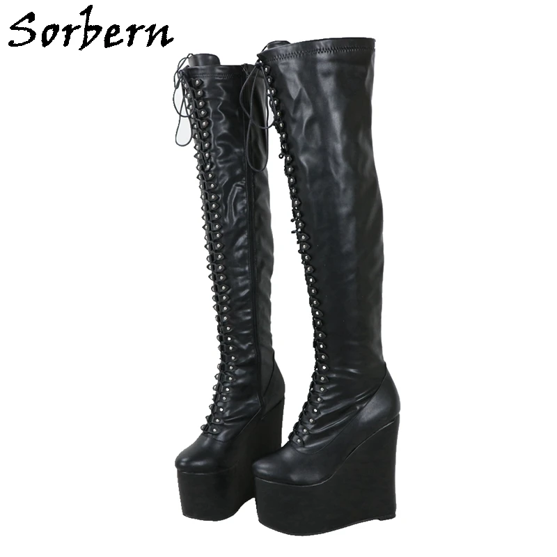 

Sorbern 20Cm Slim Heels Wedges Boots Mid Thigh High Over The Knee Platform Custom Slim Fit Legs Lace Up Boot Female Drag Queen