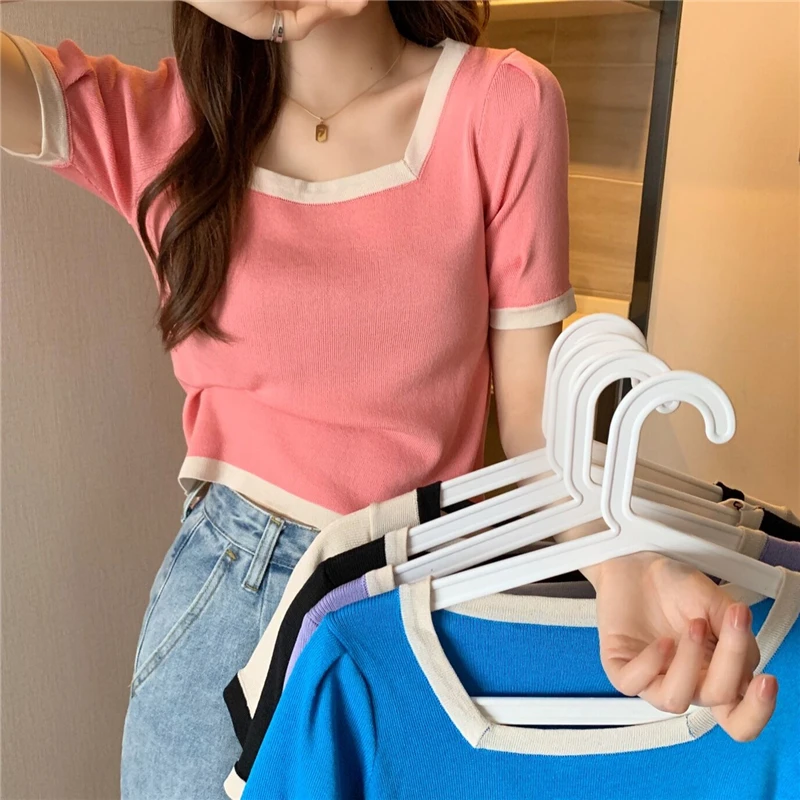 Short Puff Sleeve T-shirts Summer Girls Thin Knitted Vintage Patched Square Collar Tshirt Crop Tops Ladies Stretchy Knit Tees
Short Puff Sleeve T-shirts Summer Girls Thin Knitted Vintage Patched Square Collar Tshirt Crop Tops Ladies Stretchy Knit Tees