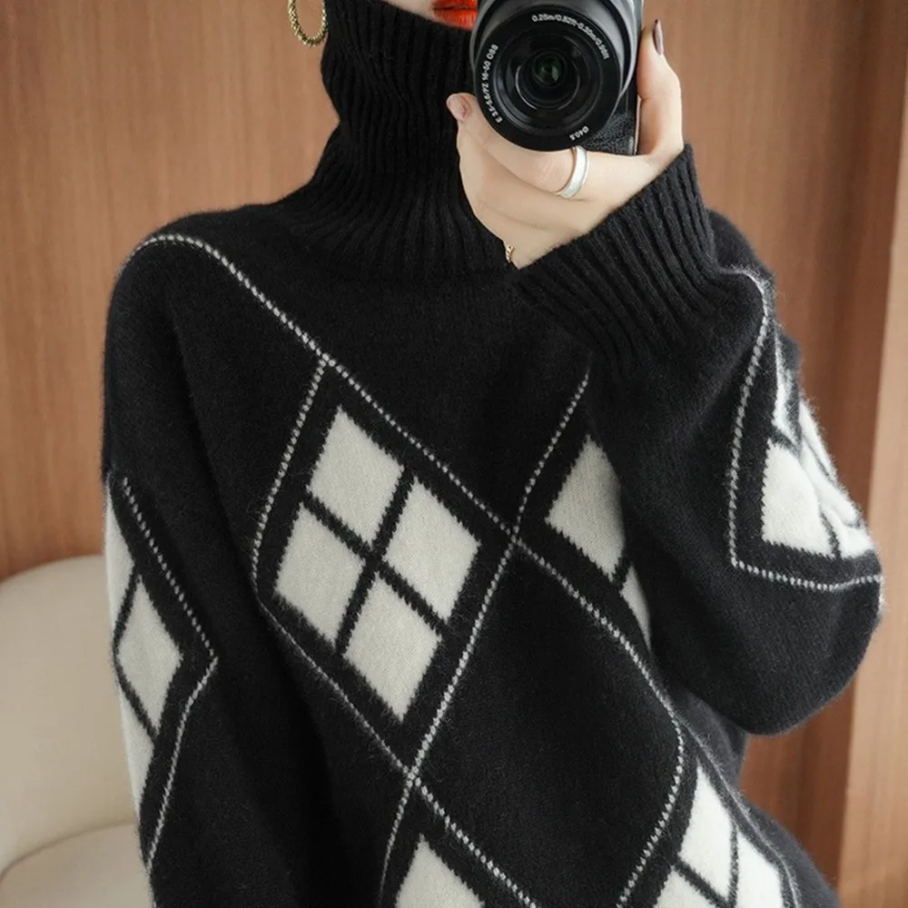 Women Fashion Geometric Print Warm Turtleneck Sweater Argyle Pullover Knitted Thickened Warmth Elegant Pullover Jumpers
Women Fashion Geometric Print Warm Turtleneck Sweater Argyle Pullover Knitted Thickened Warmth Elegant Pullover Jumpers