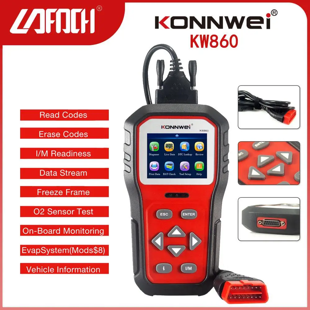 Сканер KW860 OBD2, автомобильный диагностический инструмент, функция OBD, Автомобильный сканер, диагностика двигателя
Сканер KW860 OBD2, автомобильный диагностический инструмент, функция OBD, Автомобильный сканер, диагностика двигателя