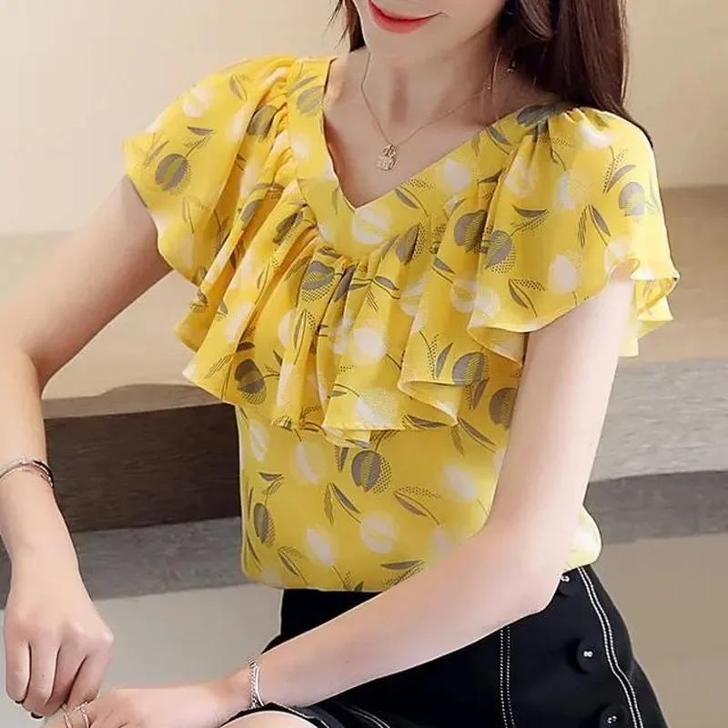 Блузка женская шифоновая с цветочным принтом милый желтый офисный топ оборками и