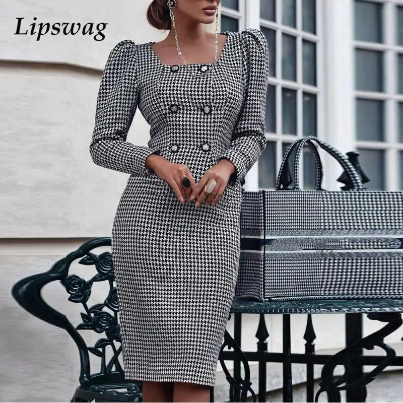 Elegant Square Collar Slim Houndstooth Plaid Dress Fashion Lady Puff Sleeve Party Dress Women Button Design Bodycon Office Dress
Elegant Square Collar Slim Houndstooth Plaid Dress Fashion Lady Puff Sleeve Party Dress Women Button Design Bodycon Office Dress