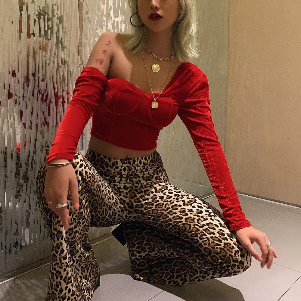 Velvet One-Shoulder Sexy Long Sleeve Crop Tops Women Streetwear Party Club T-Shirts Asymmetrical Slim Fit Red Tees | Женская одежда