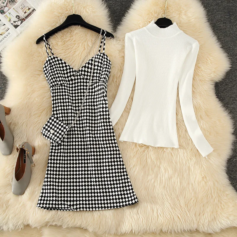 2021 New Streetwear Two Piece Dress Set Women Autumn Winter Sweater Bag Plaid Knee-Length Dresses Elegant Party Dress Vestidos
2021 New Streetwear Two Piece Dress Set Women Autumn Winter Sweater Bag Plaid Knee-Length Dresses Elegant Party Dress Vestidos