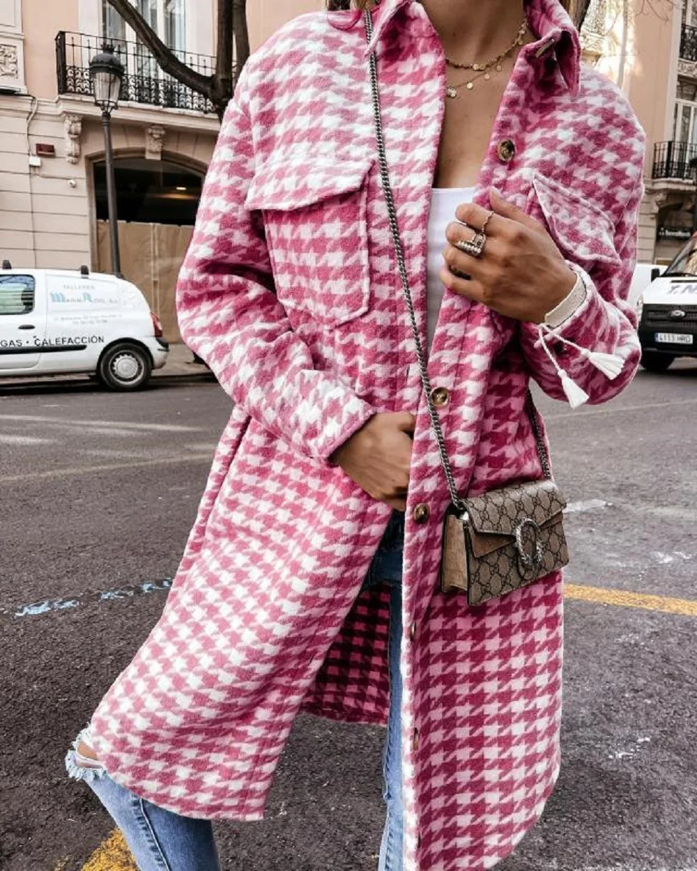 Winter Female Woolen Cloth Coats Long Sleeved Fashion Tops Houndstooth Print Women's Clothing Casual Pocket Coat Streetwear
Winter Female Woolen Cloth Coats Long Sleeved Fashion Tops Houndstooth Print Women's Clothing Casual Pocket Coat Streetwear