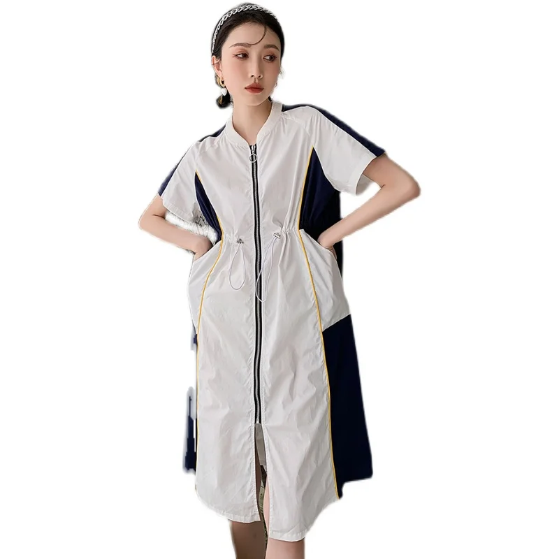 Women Contrast Stitching Zipper Front Short Sleeve Medium Length Dress Hem Drawstring lace up Waist Loose Casual Dresses
Women Contrast Stitching Zipper Front Short Sleeve Medium Length Dress Hem Drawstring lace up Waist Loose Casual Dresses