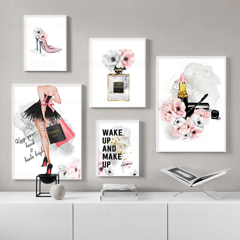 Lipstick Perfume High Heels Fashion Poster Makeup Floral Print Canvas Art Painting Wall Picture Modern Girl Room Home Decoration
Lipstick Perfume High Heels Fashion Poster Makeup Floral Print Canvas Art Painting Wall Picture Modern Girl Room Home Decoration