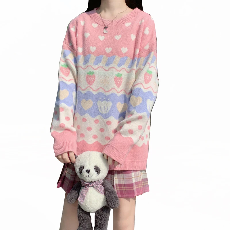 Harajuku Kawaii Knitting Sweater Women Cute Strawberry Printing Long Sleeve Pullover New Autumn Winter Vintage Pink Knitting Top
Harajuku Kawaii Knitting Sweater Women Cute Strawberry Printing Long Sleeve Pullover New Autumn Winter Vintage Pink Knitting Top