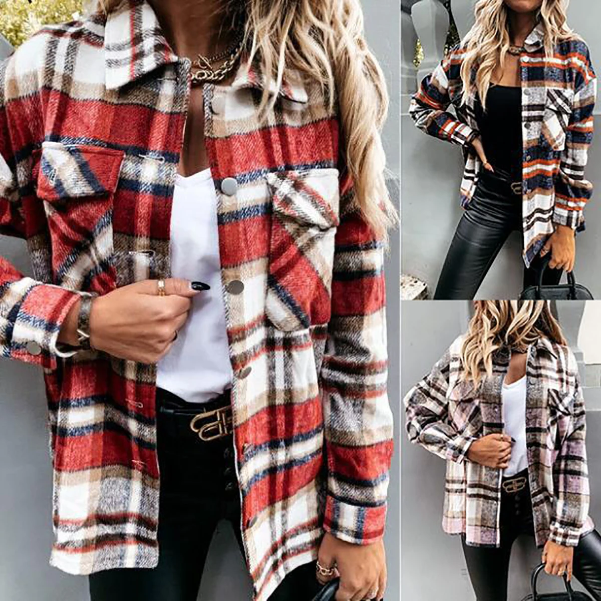 2021 autumn and winter cross border European and American women's new style tweed Shirt Long Sleeve Plaid casual coat 
2021 autumn and winter cross border European and American women's new style tweed Shirt Long Sleeve Plaid casual coat