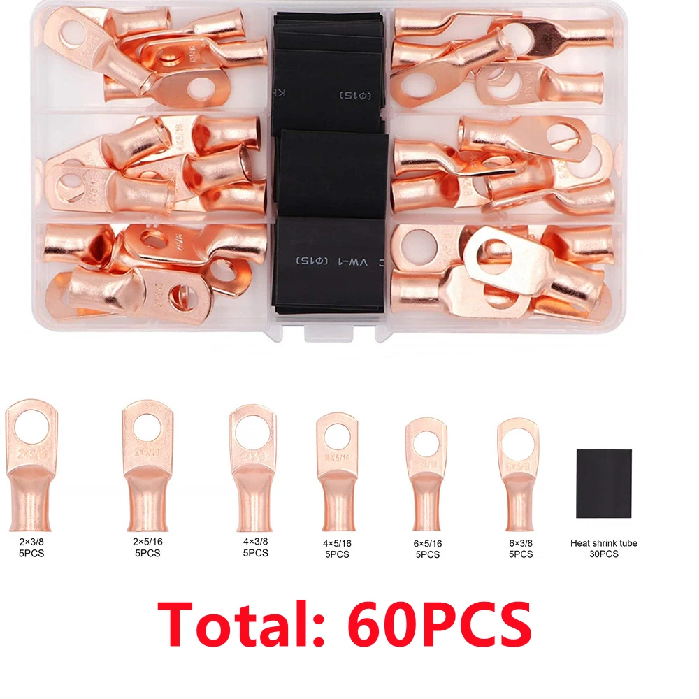 

60Pcs SC Bare Terminals lug Copper Tube Lugs Ring Seal Battery Copper Nose Wire Connectors Cable Crimped/Soldered Terminal Kit
