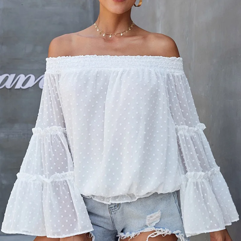 2021 Summer Chiffon Off The Shoulder Women's T-shirt Loose Flare Long Sleeve Printed Female T-shirts Fashion Casual Lady Top
2021 Summer Chiffon Off The Shoulder Women's T-shirt Loose Flare Long Sleeve Printed Female T-shirts Fashion Casual Lady Top