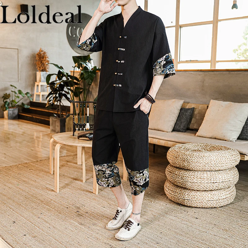 Loldeal Men Middle-sleeved Shirt + Cropped Pants Chinese Style Linen Stitching V-neck Retro Button Hanfu Set
Loldeal Men Middle-sleeved Shirt + Cropped Pants Chinese Style Linen Stitching V-neck Retro Button Hanfu Set
