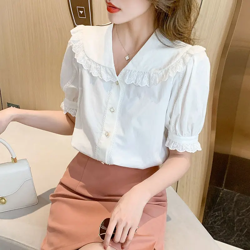 2021 New Summer Women Blouses Casual Slim Short Sleeve White Lace Chiffon Shirts Fashion Elegant Office Lady Tops Clothing
2021 New Summer Women Blouses Casual Slim Short Sleeve White Lace Chiffon Shirts Fashion Elegant Office Lady Tops Clothing