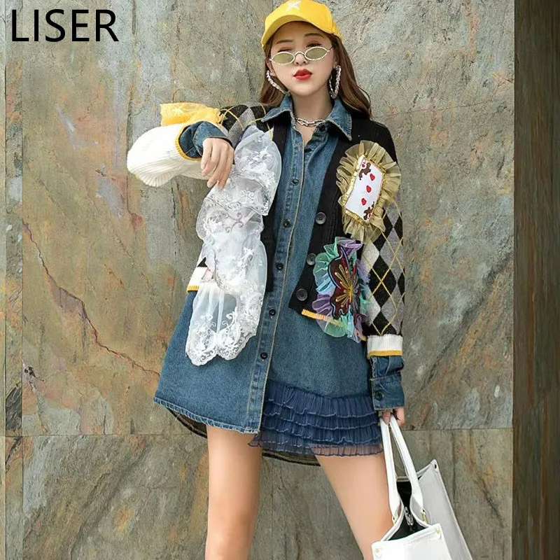 Spring Autumn Fashion Stitching Gauze Knitted Sleeve Women Denim Jacket 2022 New Large Size Single Breasted Jacket Blue LL423
Spring Autumn Fashion Stitching Gauze Knitted Sleeve Women Denim Jacket 2022 New Large Size Single Breasted Jacket Blue LL423