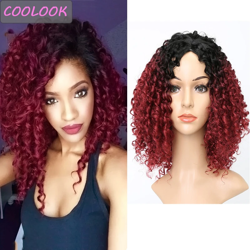 

14 Inches Short Curly Bob Wigs for Black Women Ombre BUG Afro Kinky Curly Wig Middle Part Synthetic False Hair Cosplay Curls Wig