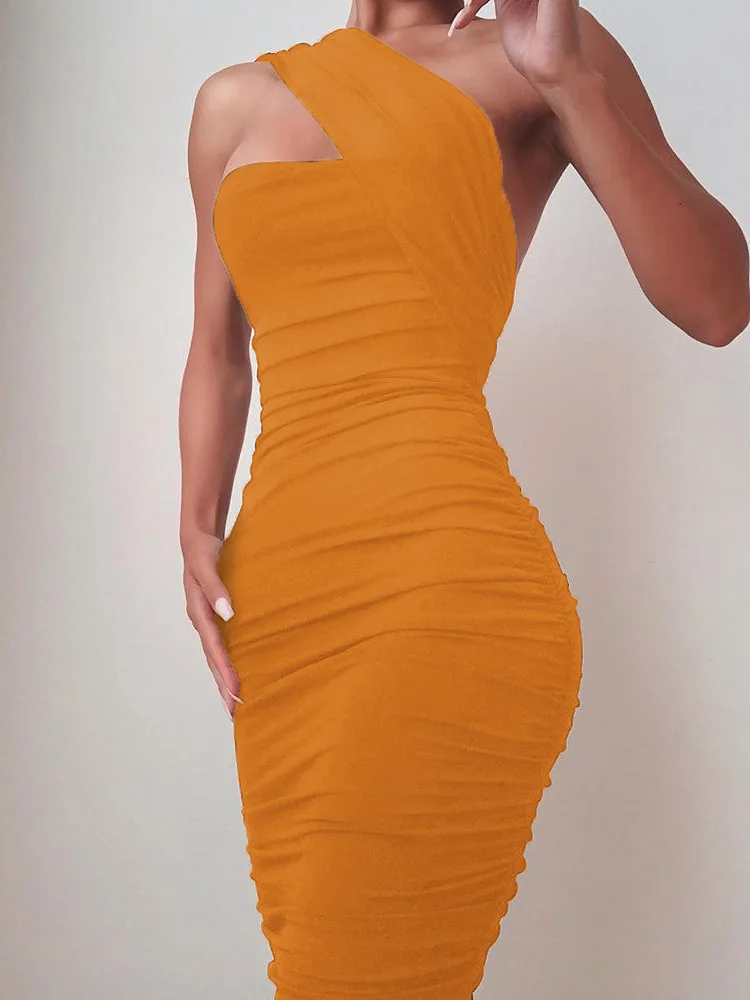 Women Elegant One Shoulder Sleeveless Ruched Bodycon Dress Sexy Slim Fit Midi Black Party Slinky Dress
Women Elegant One Shoulder Sleeveless Ruched Bodycon Dress Sexy Slim Fit Midi Black Party Slinky Dress