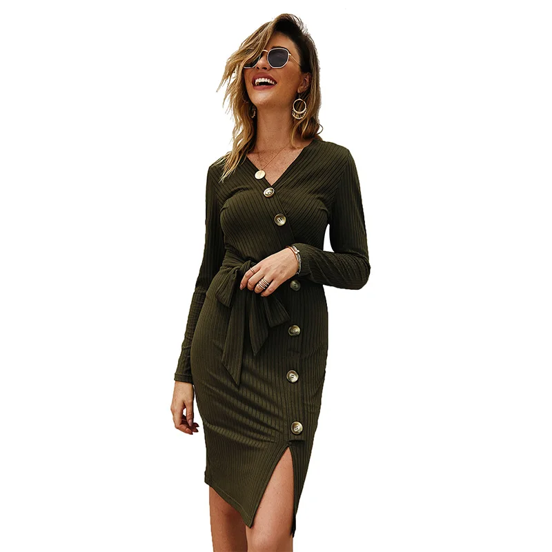 Autumn Winter Solid Sashes Knitted Dress Women Cotton Full Sleeve Casual V Neck Single-breasted Slim Ladies Dress Office Lady
Autumn Winter Solid Sashes Knitted Dress Women Cotton Full Sleeve Casual V Neck Single-breasted Slim Ladies Dress Office Lady